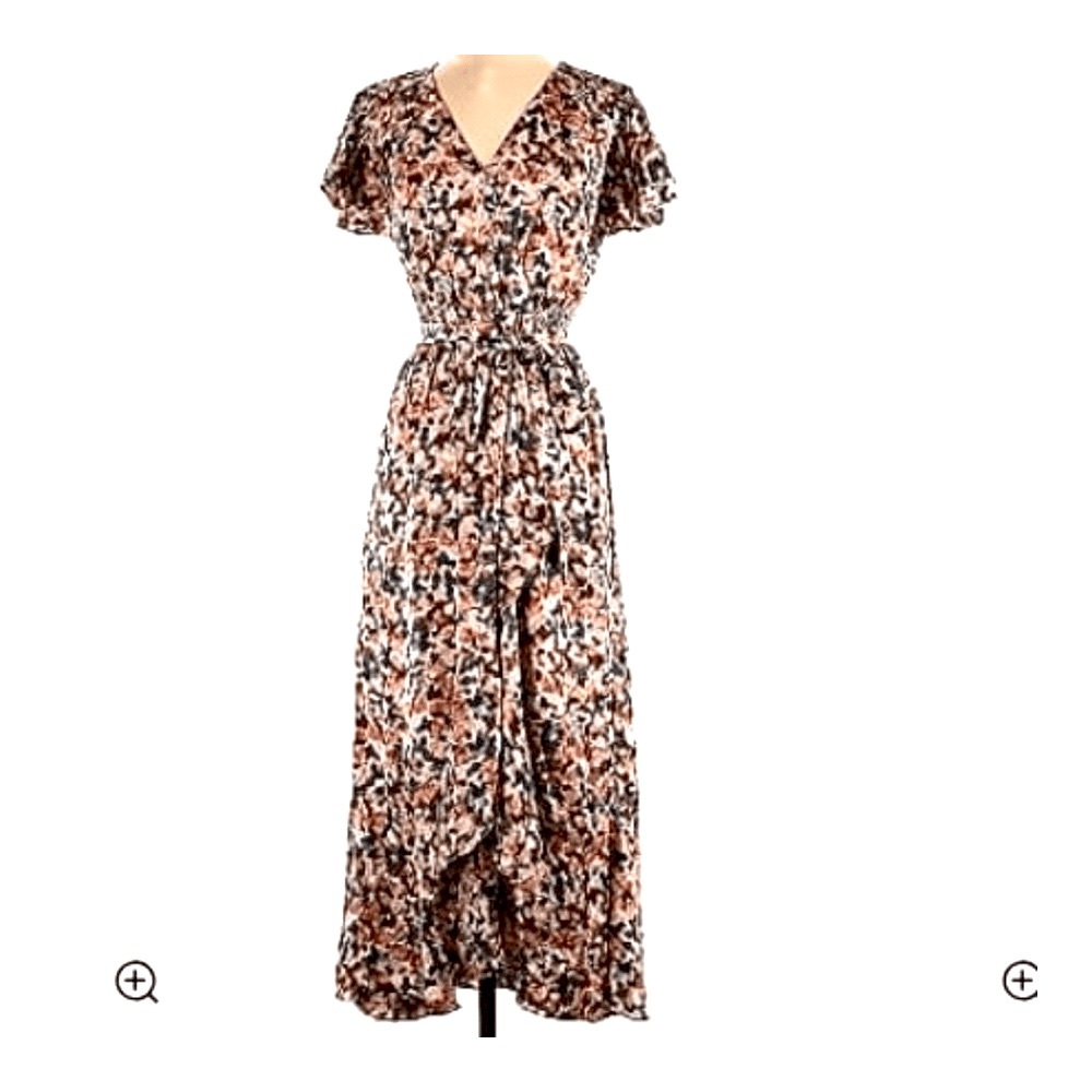 Nicole Miller New York Satin Midi Dress, Size XS Brown Animal Print Short Sleeve